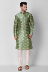 Men's Olive Green Printed Tunic Cotton Kurta Pajama Set