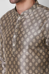 Men's Gray Printed Tunic Cotton Kurta Pajama Set