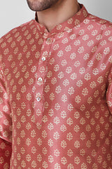 Men's Maroon Printed Tunic Cotton Kurta Pajama Set