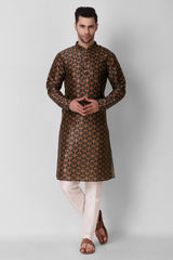 Men's Navy Blue Printed Silk Kurta Pajama Set