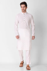 Men's White Art Silk Embroidered Kurta Pajama Set