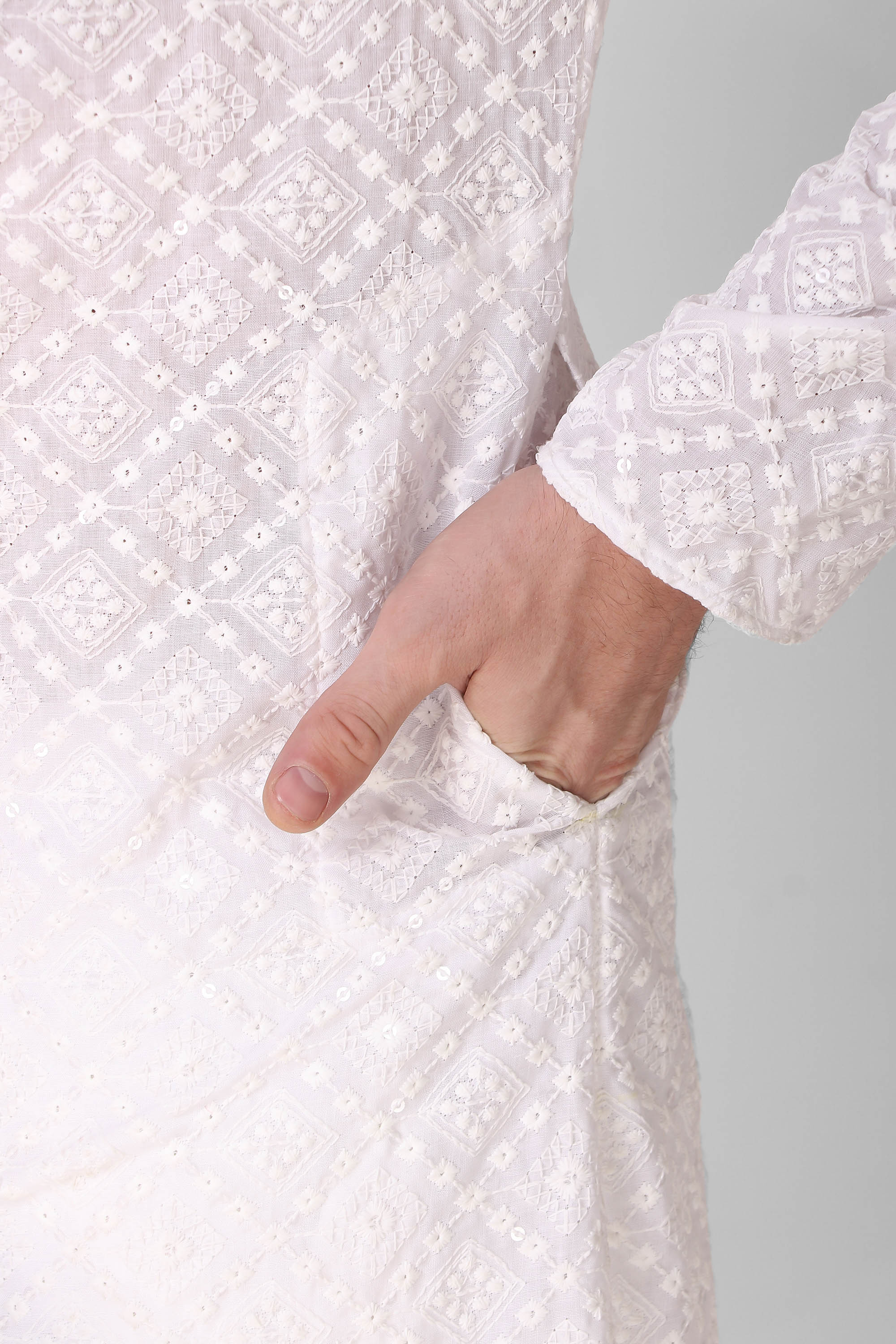 Men's White Art Silk Embroidered Kurta Pajama Set