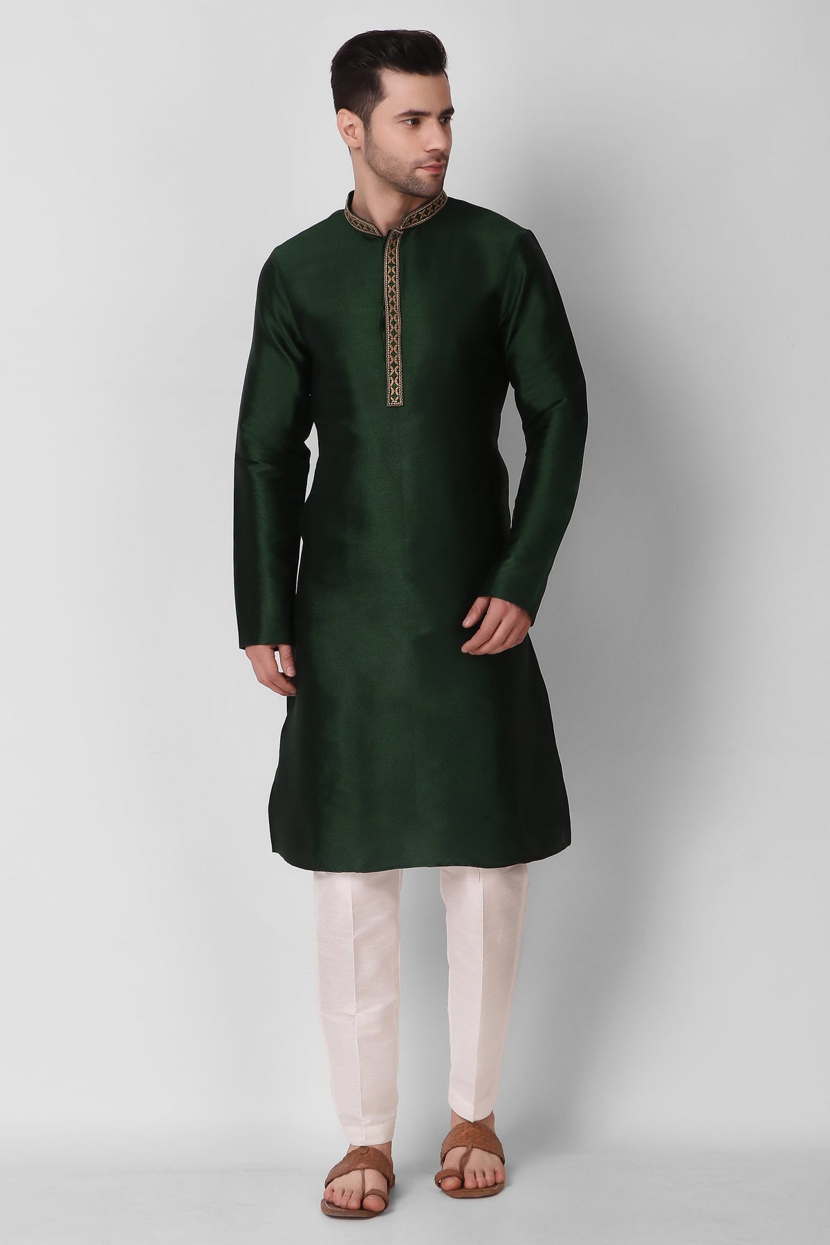 Men's Green Art Silk Embroidered Kurta Pajama Set