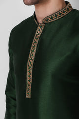 Men's Green Art Silk Embroidered Kurta Pajama Set