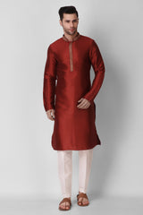 Maroon Tunic Silk Kurta Pajama Set For Men