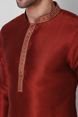 Maroon Tunic Silk Kurta Pajama Set For Men