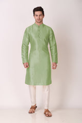 Men's Light Green Woven Tunic Cotton Kurta Pajama Set