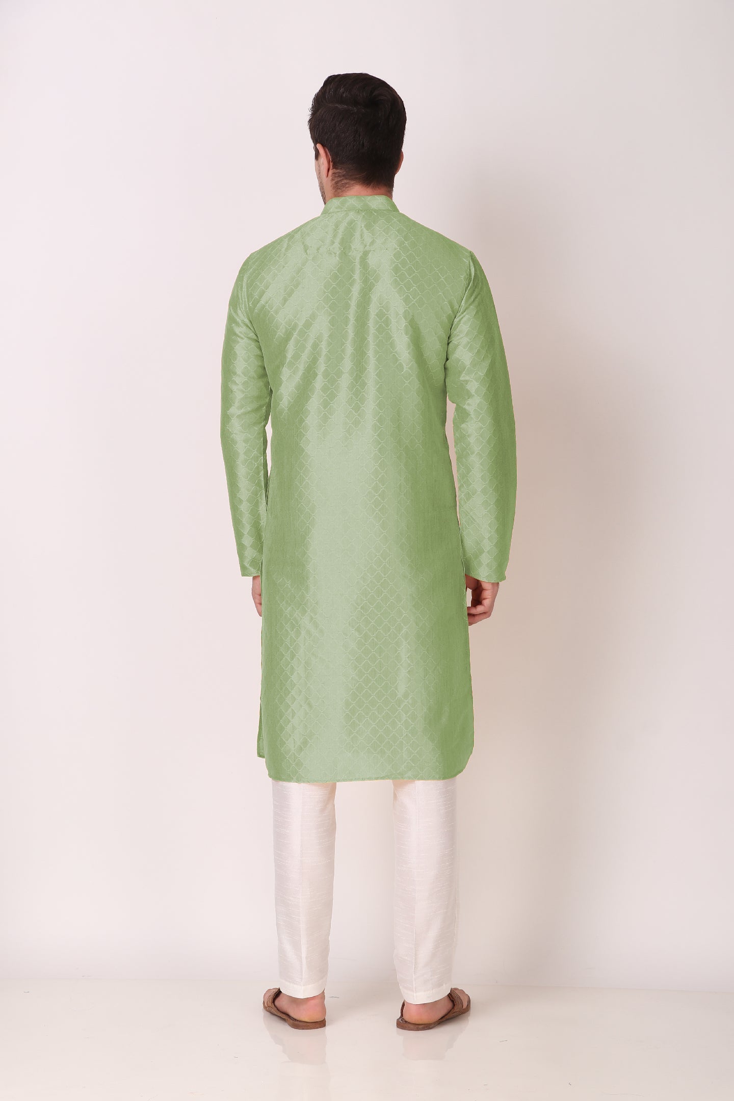 Men's Light Green Woven Tunic Cotton Kurta Pajama Set