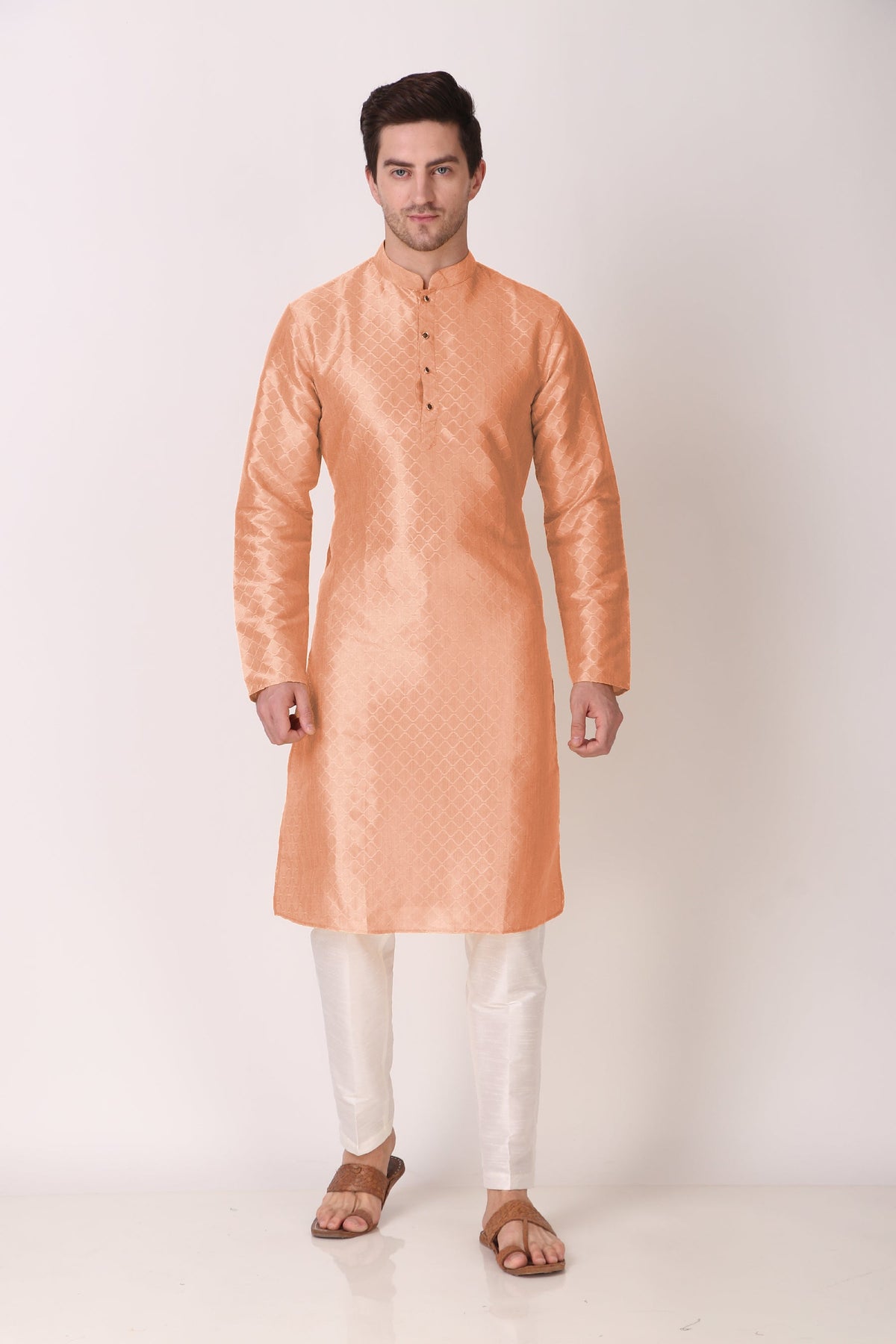 Ensemble pyjama Kurta en coton tissé pêche pour homme