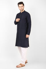 Men's Navy Blue Woven Art Silk Kurta Pajama Set