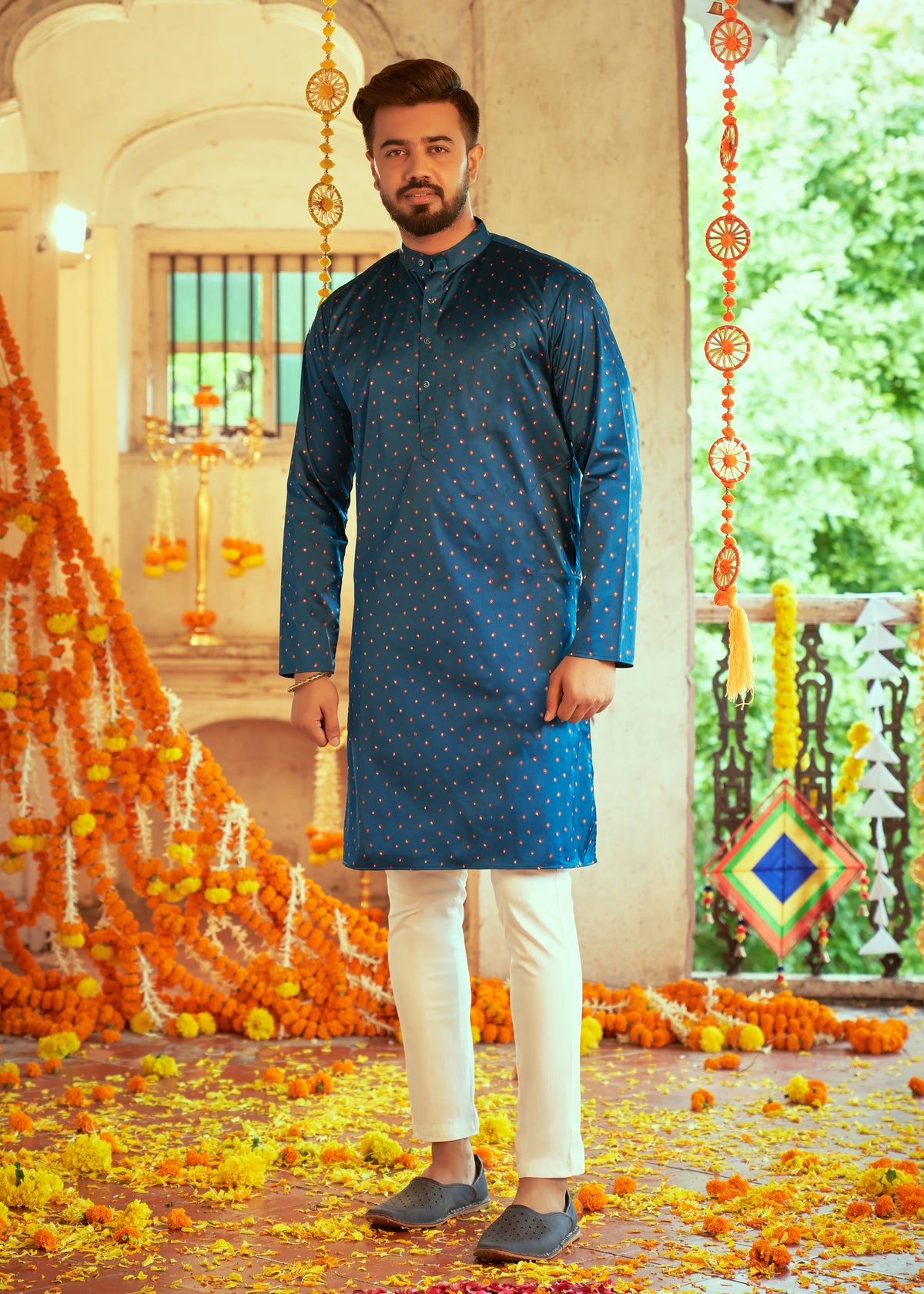 Men's Navy Blue Printed Cotton Kurta Pajama Set