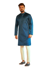 Men's Navy Blue Printed Cotton Kurta Pajama Set