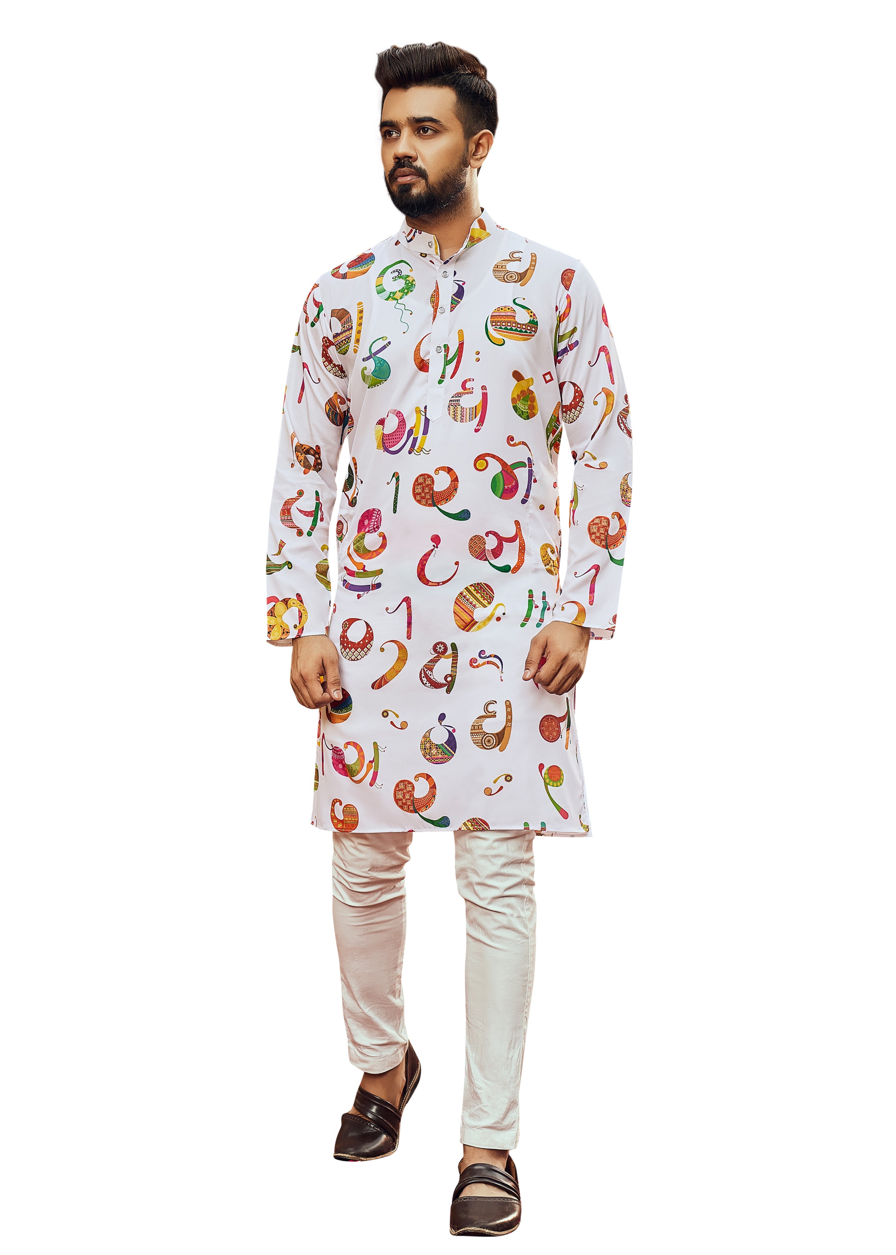 Ensemble pyjama Kurta en coton imprimé blanc pour homme