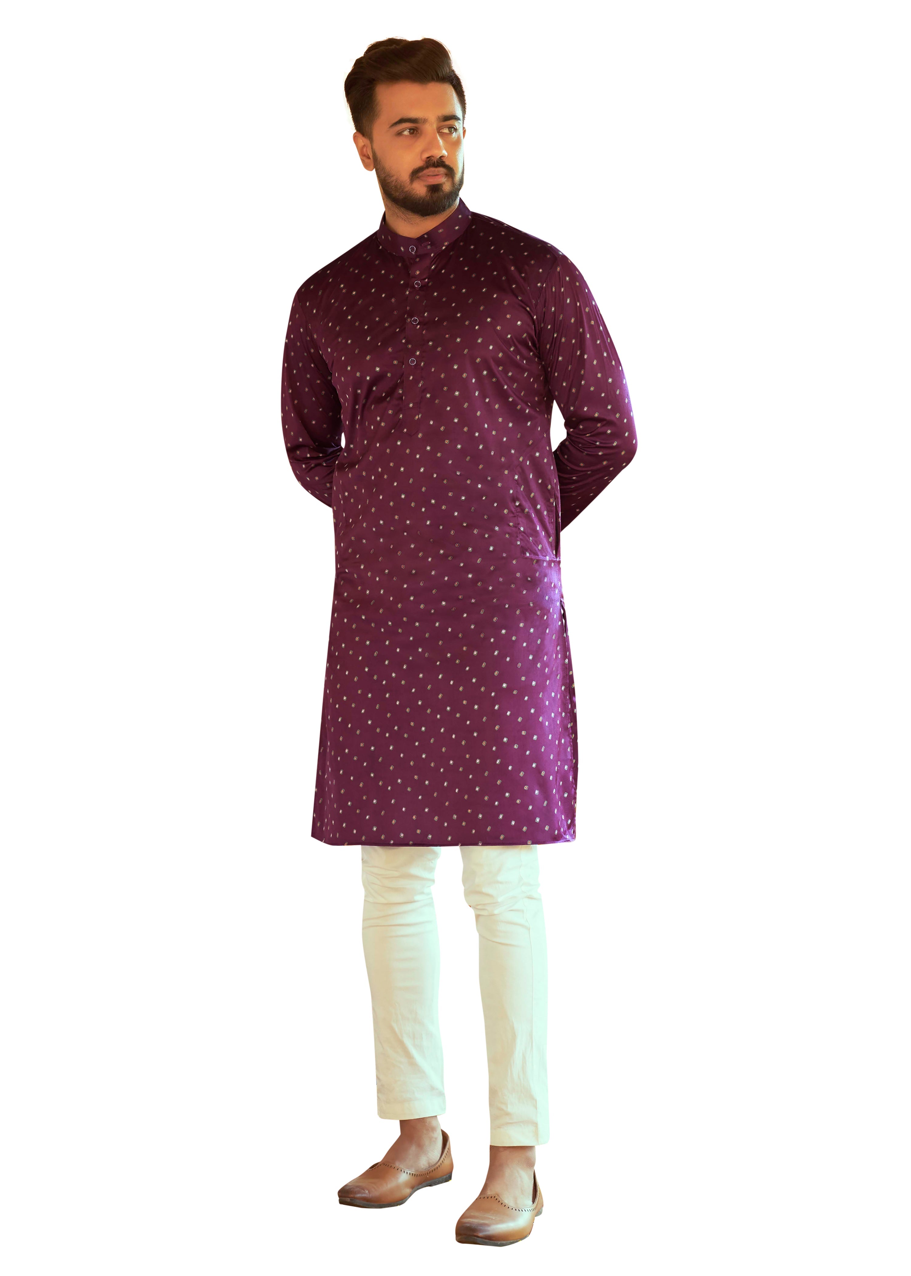 Ensemble pyjama Kurta en coton imprimé vin pour homme