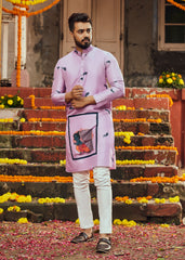 Men's Light Pink Printed Cotton Kurta Pajama Set