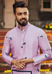 Men's Light Pink Printed Cotton Kurta Pajama Set