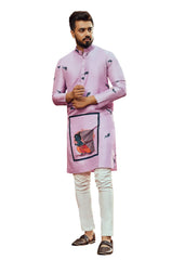 Men's Light Pink Printed Cotton Kurta Pajama Set