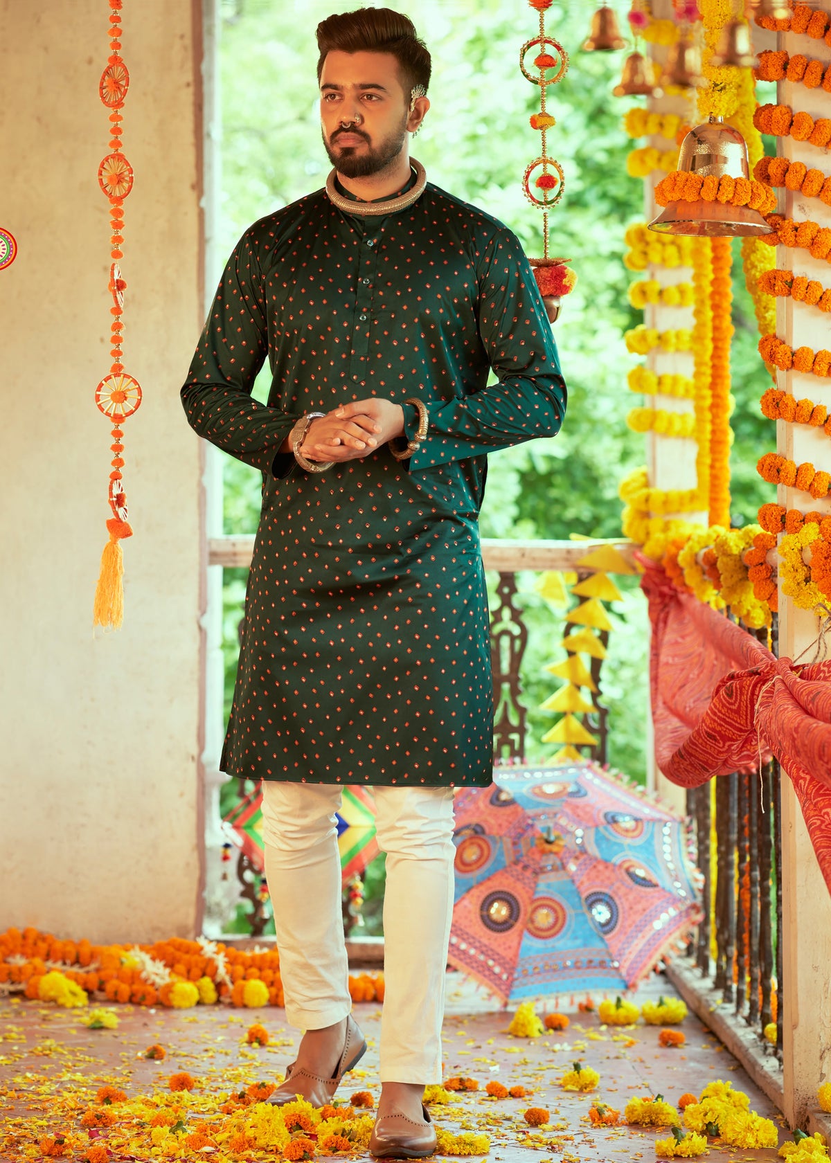 Ensemble pyjama Kurta imprimé en rayonne verte pour homme