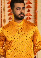 Men's Yellow Rayon Printed Kurta Pajama Set