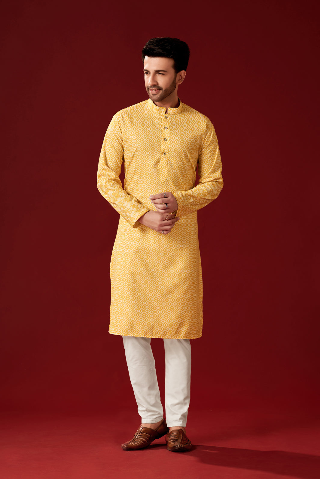 Men's Yellow Orange Printed Cotton Kurta Pajama Set