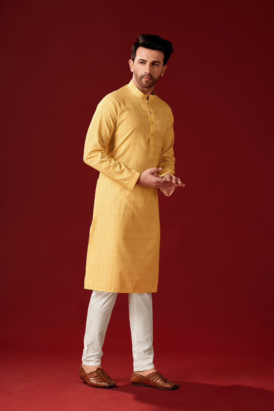 Men's Yellow Orange Printed Cotton Kurta Pajama Set