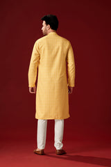 Men's Yellow Orange Printed Cotton Kurta Pajama Set