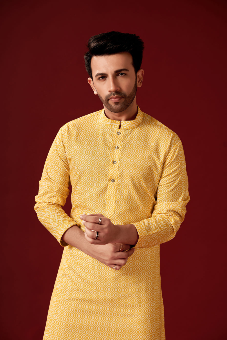 Men's Yellow Orange Printed Cotton Kurta Pajama Set