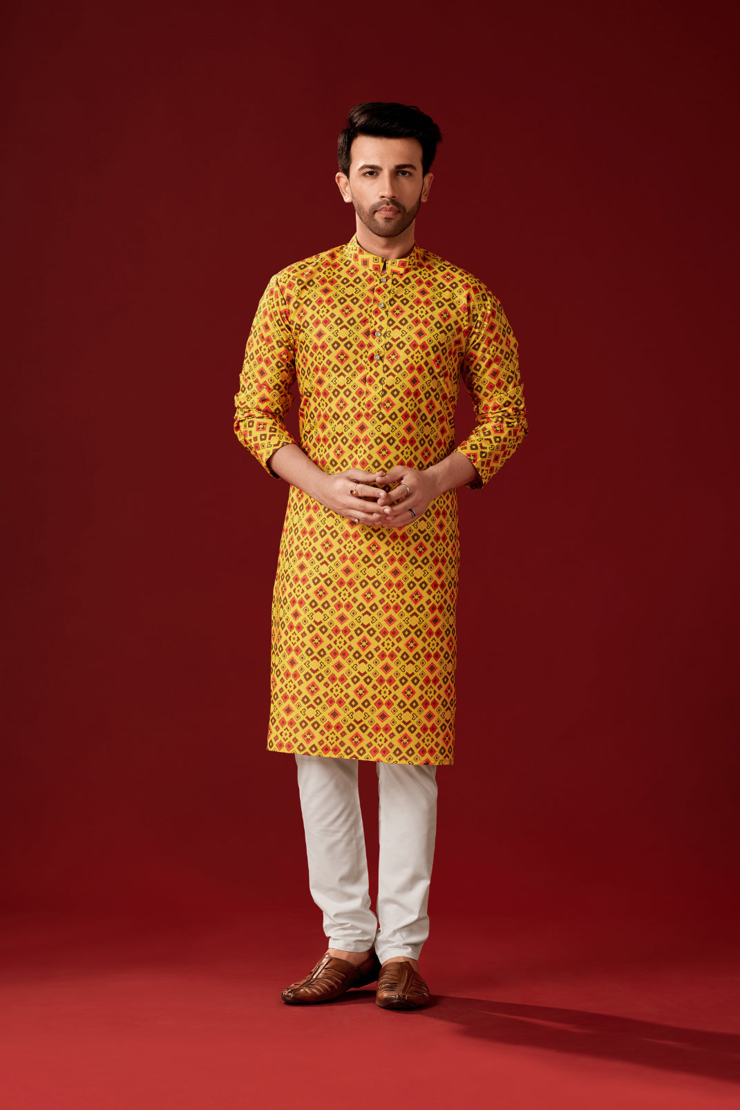 Men's Yellow Orange Printed Cotton Kurta Pajama Set