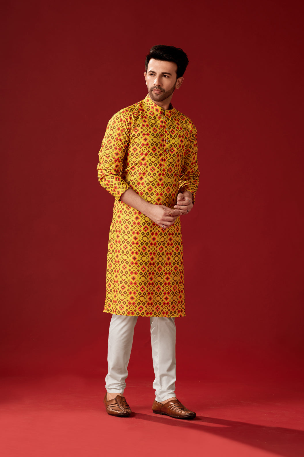 Men's Yellow Orange Printed Cotton Kurta Pajama Set