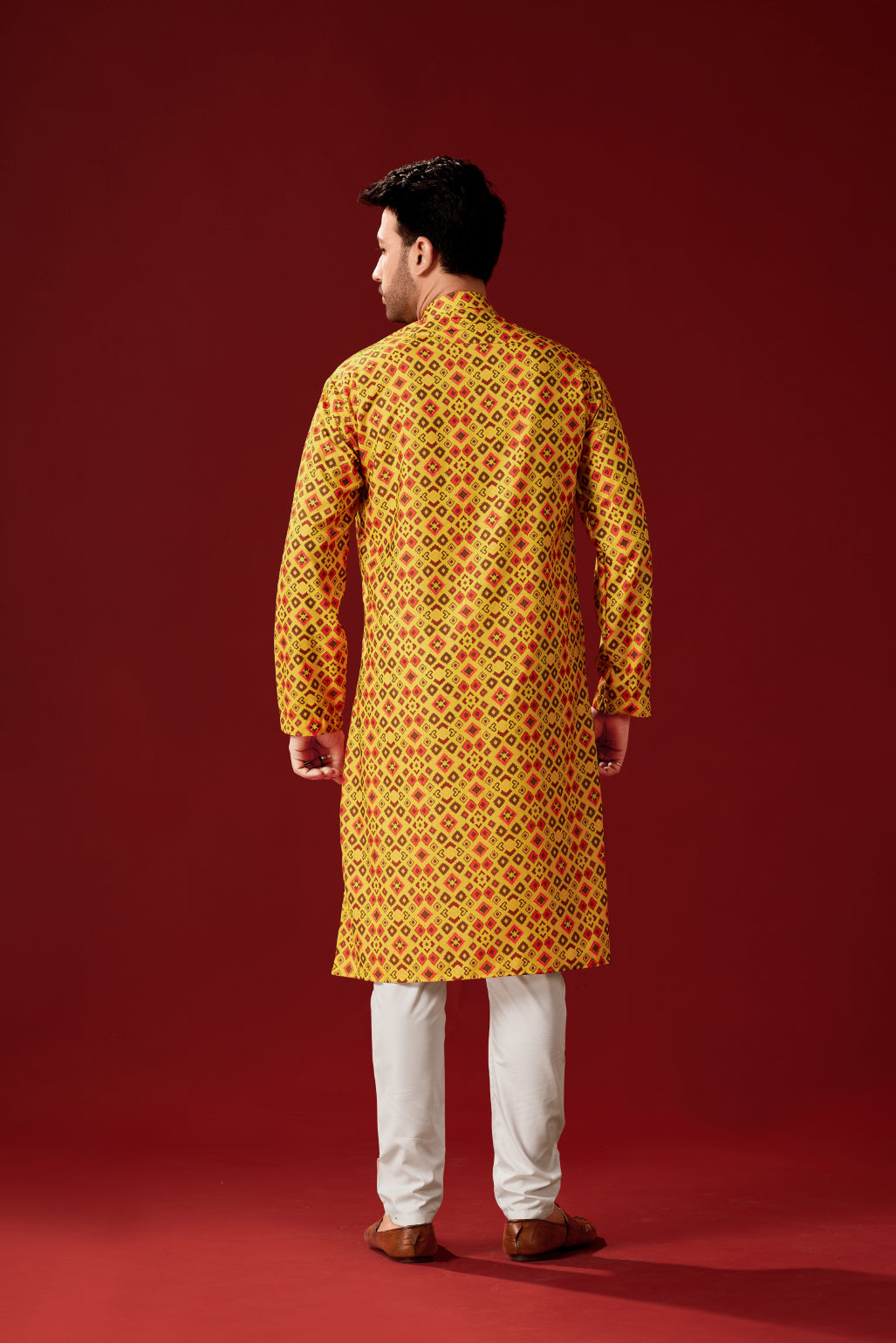 Men's Yellow Orange Printed Cotton Kurta Pajama Set