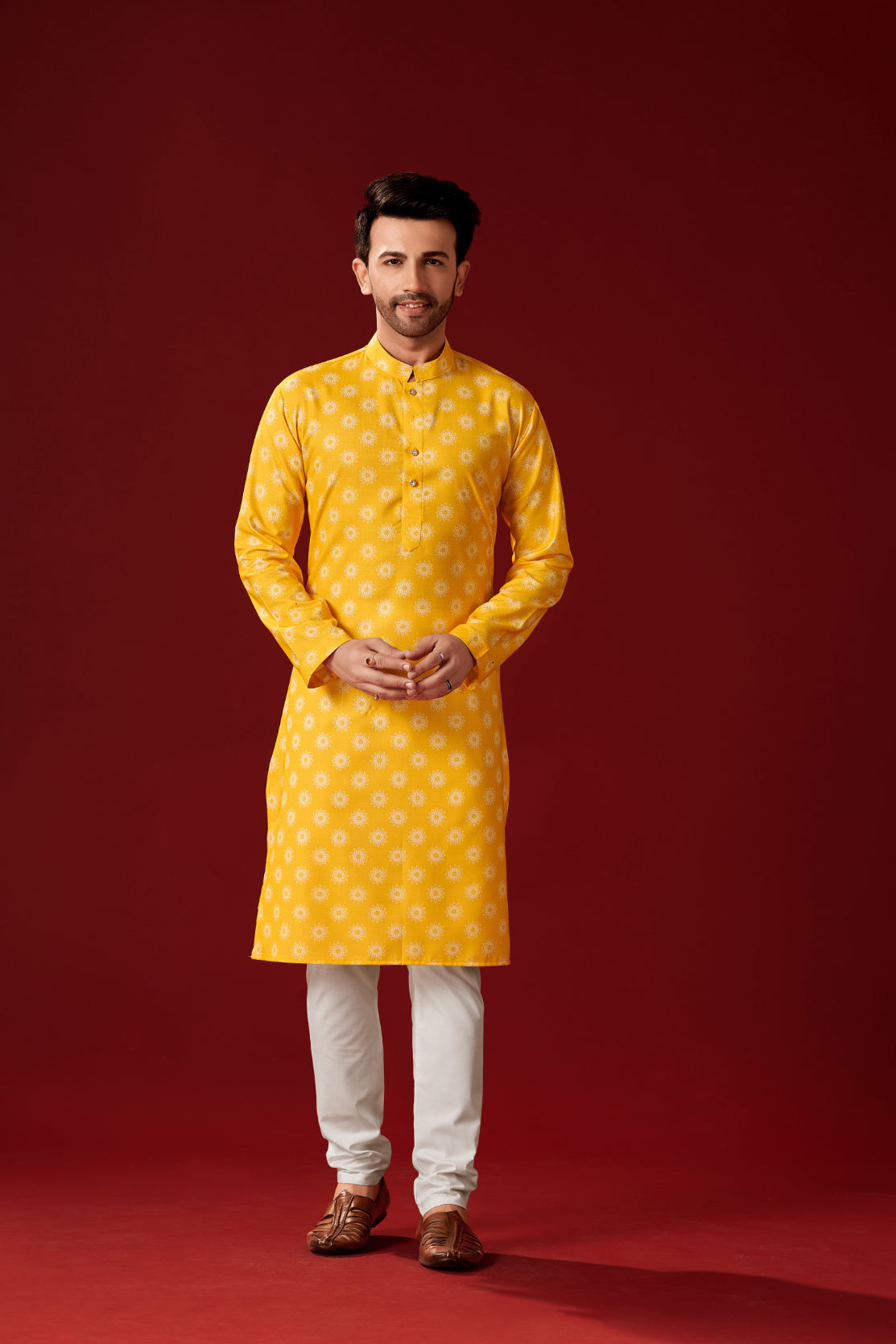 Men's Yellow Printed Cotton Kurta Pajama Set