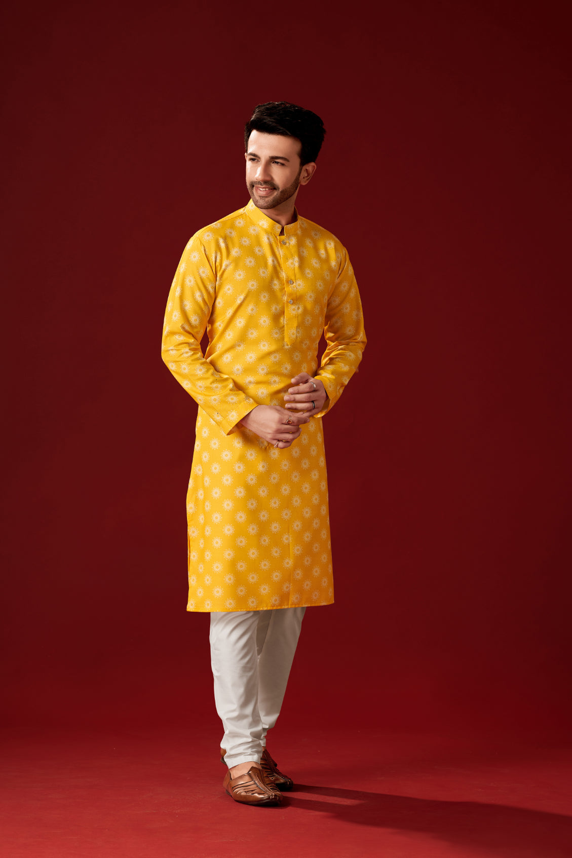 Men's Yellow Printed Cotton Kurta Pajama Set