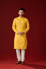 Men's Yellow Printed Tunic Cotton Kurta Pajama Set