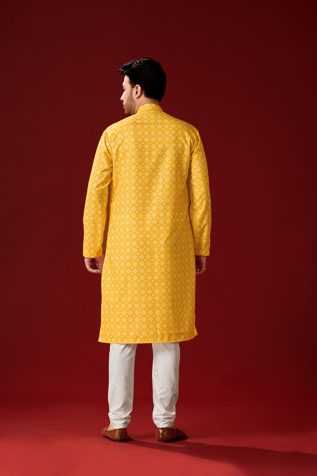 Men's Yellow Printed Tunic Cotton Kurta Pajama Set