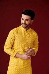 Men's Yellow Printed Tunic Cotton Kurta Pajama Set