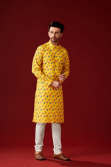 Men's Yellow Printed Cotton Kurta Pajama Set