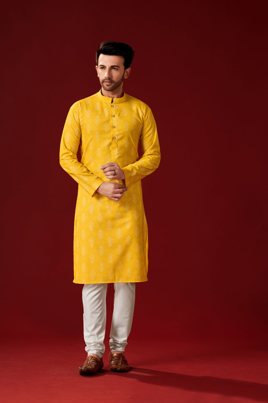 Men's Yellow Printed Cotton Kurta Pajama Set