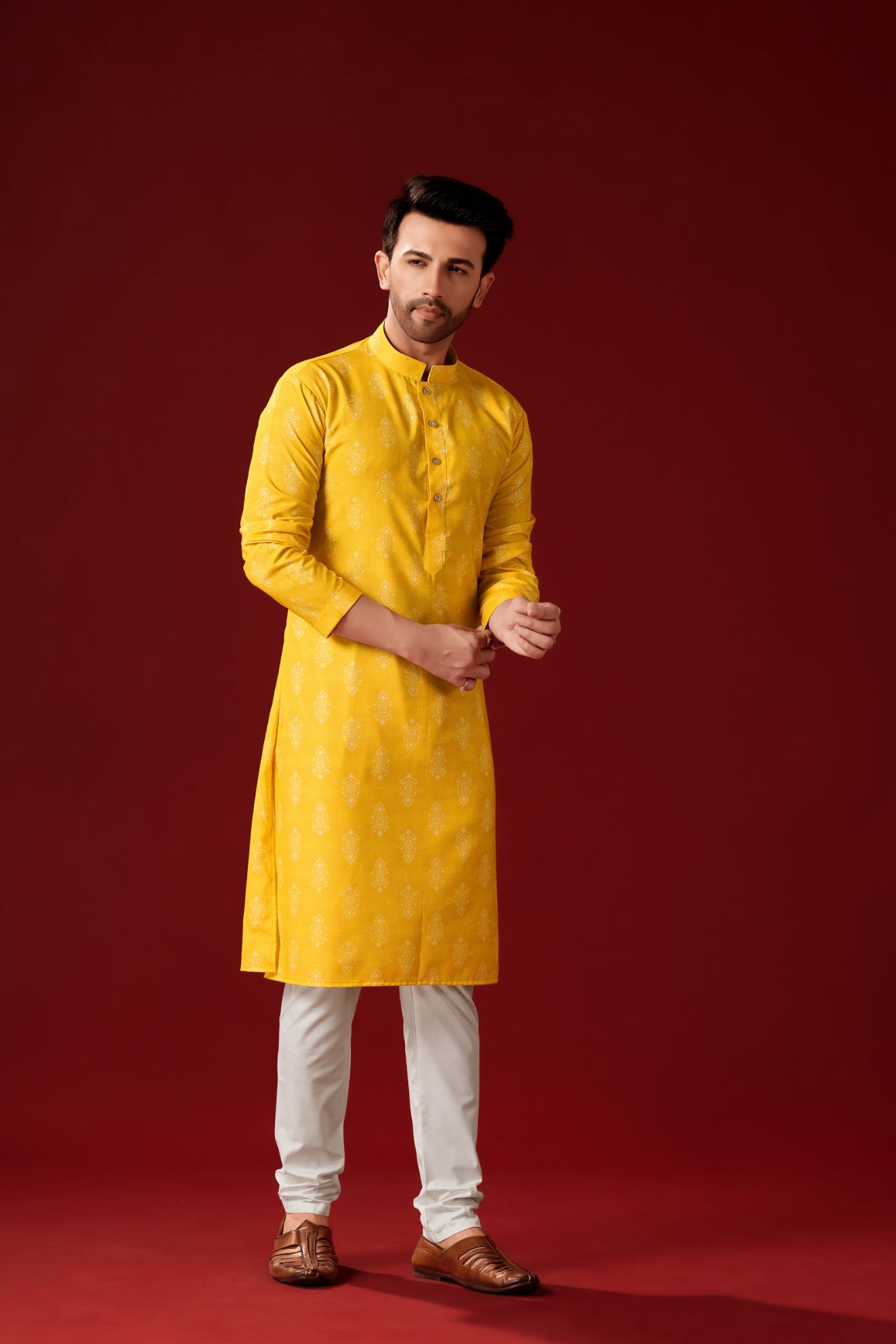 Men's Yellow Printed Cotton Kurta Pajama Set