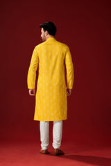 Men's Yellow Printed Cotton Kurta Pajama Set