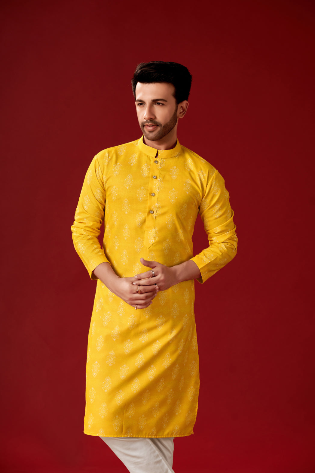 Men's Yellow Printed Cotton Kurta Pajama Set