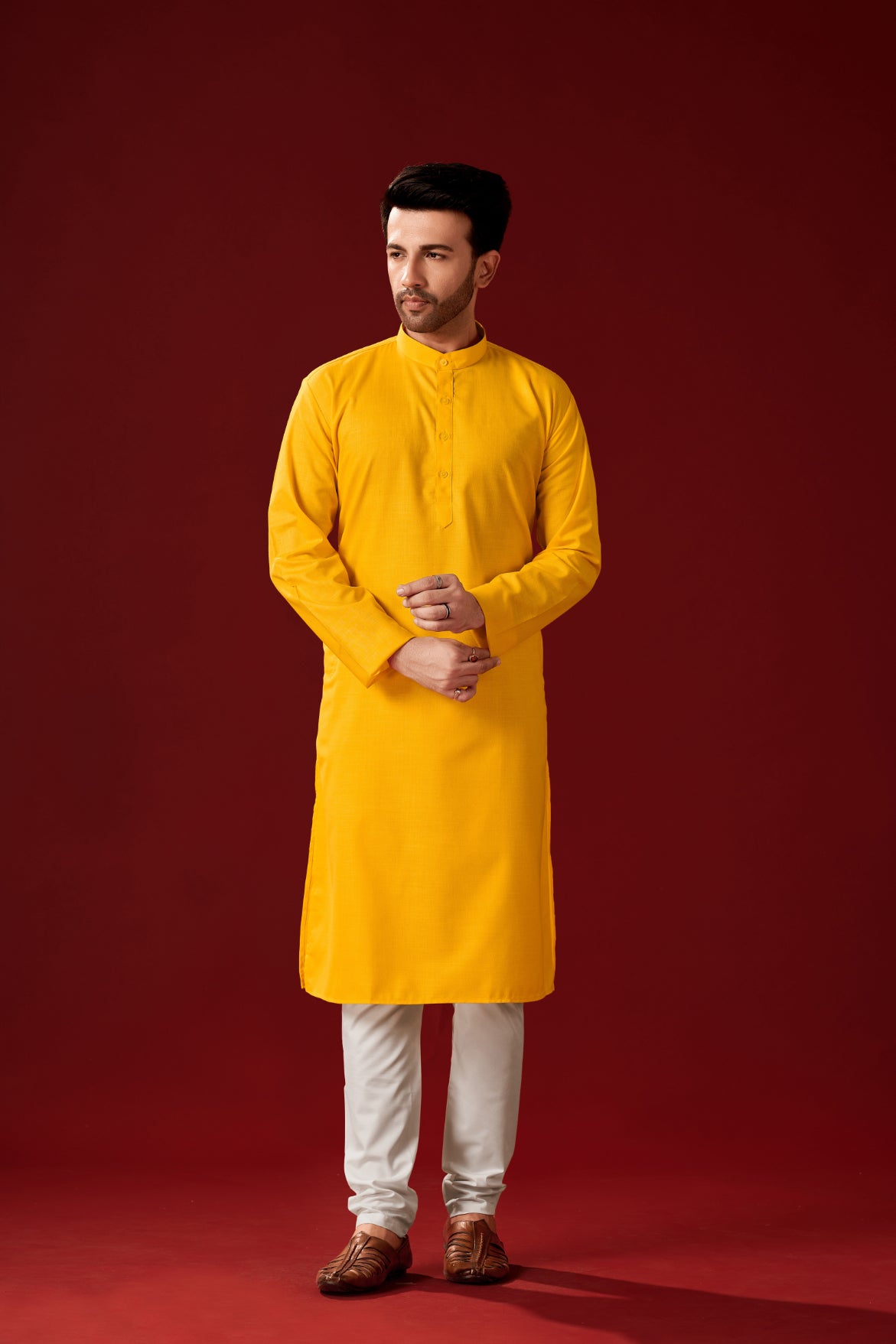 Ensemble de pyjama Kurta en coton uni jaune pour hommes pour Haldi