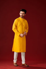 Ensemble de pyjama Kurta en coton uni jaune pour hommes pour Haldi