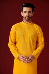 Ensemble de pyjama Kurta en coton uni jaune pour hommes pour Haldi