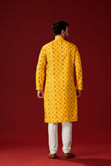 Men's Yellow Solid Cotton Kurta Pajama Set Haldi Outfit