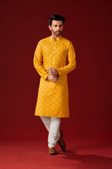 Ensemble pyjama Kurta en coton avec tunique spéciale Haldi jaune pour homme