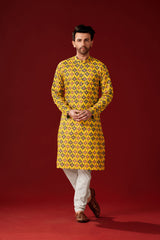 Men's Yellow Solid Cotton Kurta Pajama Set