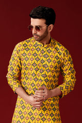 Men's Yellow Solid Cotton Kurta Pajama Set