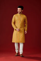 Ensemble pyjama Kurta en coton jaune uni pour homme