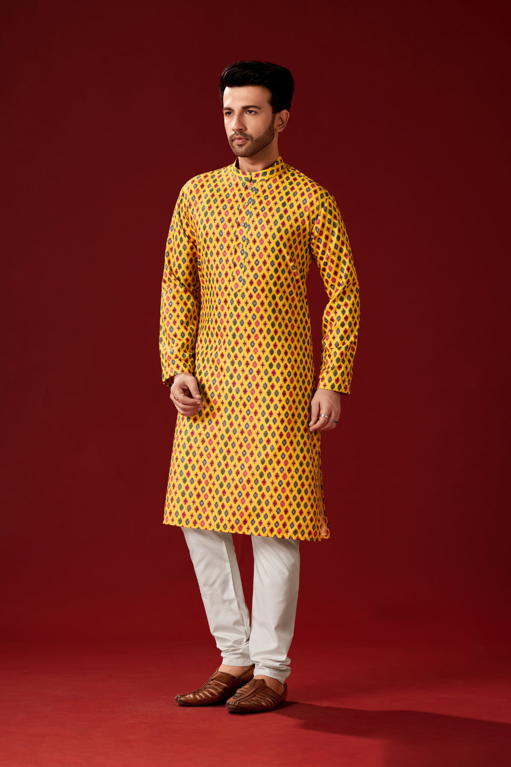 Ensemble pyjama Kurta en coton jaune uni pour homme