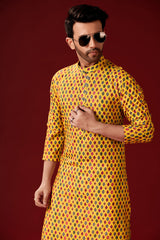 Ensemble pyjama Kurta en coton jaune uni pour homme